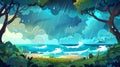 In thunderstorms and rain, seashores are flooded with waves, clouds, and raindrops. Cartoon storm modern landscape of