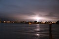 Thunderstrikes over the Rotterdam Skyline at river Nieuwe Maas in the Netherlands. Royalty Free Stock Photo