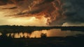Thundery Scenery: Lightningwave Sky Over River In Photorealistic Uhd Image