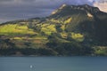 Thunersee lake with boat. Switzerland. Royalty Free Stock Photo