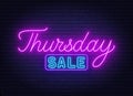 Thursday Sale neon sign on brick wall background.