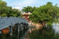 Thuy Trung Tien temple with stone bridge on Thanh Nien street in Hanoi, Vietnam