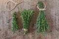 Thyme bunch. Bundle of fresh thymes on a wooden background Royalty Free Stock Photo