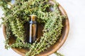 Thyme essential oil bottle with thyme herb twigs in wooden plate top view