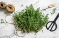 Thyme herb bunch. Bouquet of fresh thymes on light marble background with skein of jute twine and scissors. Top view Royalty Free Stock Photo