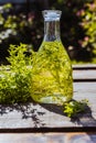 Thyme oil. A glass bottle of essential oil with thyme sprigs on a wooden table Royalty Free Stock Photo