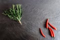 Thyme, rosemary bundles and chili peppers on black stone surface background Royalty Free Stock Photo