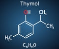 Thymol, IPMP molecule. It is phenol, natural monoterpene derivative of cymene. Structural chemical formula on the dark blue