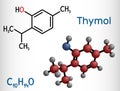 Thymol, IPMP molecule. It is phenol, natural monoterpene derivative of cymene. Structural chemical formula, molecule model Royalty Free Stock Photo