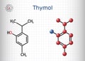 Thymol, IPMP molecule. It is phenol, natural monoterpene derivative of cymene. Structural chemical formula, molecule model. Sheet