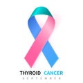 Thyroid Cancer Awareness Month. Realistic Teal Pink Blue ribbon symbol. Medical Design. Vector illustration