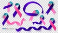 Thyroid Cancer Awareness Month. Teal and Pink and Blue Color Ribbon Isolated On Transparent Background. Vector Design