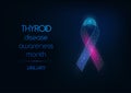 Thyroid disease awareness month web banner with glowing low polygonal pink and blue ribbon bow.