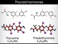Thyroid hormones: Triiodothyronine, T3, levothyroxine and Thyroxine,T4 molecule. Used to treat hypothyroidism. Structural