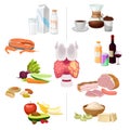 Thyroid Nutrition Vector Set. Good and Bad Food with Thyroid Organ in the Middle