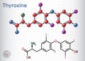 Thyroxine, T4, levothyroxine molecule. It is thyroid hormone, prohormone of thyronine T3, used to treat hypothyroidism. Structural