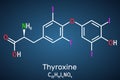 Thyroxine, T4, levothyroxine molecule. It is thyroid hormone, prohormone of thyronine T3, used to treat hypothyroidism. Structural