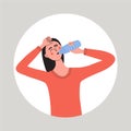 Thyrsty, dehydration prevention, balance of body maintenance concept. Young woman drinking fresh water from bottle. Flat Royalty Free Stock Photo