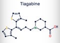 Tiagabine, C20H25NO2S2 molecule. It is anticonvulsant medication, is used in the treatment of epilepsy. Skeletal chemical formula