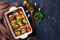 Tian provencal in a baking dish, flat lay