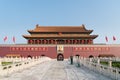 Tiananmen gate in Beijing, China. Chinese text on the red wall reads: Long live China and the unity of all peoples in the world