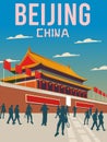 Tiananmen Square Forbidden City Beijing China With Blue Sky Background Illustration Travel Poster