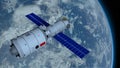 TIANHE core module of the TIANGONG 3 - Chinese space station orbiting the planet Earth behind on black space with stars background