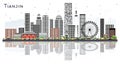 Tianjin China City Skyline with Color Buildings and Reflections Isolated on White