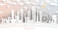 Tianjin China City Skyline in Paper Cut Style with White Buildings, Moon and Neon Garland