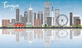 Tianjin Skyline with Gray Buildings, Blue Sky and Reflections.