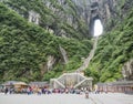 The Tianmen Mountain with a view of the cave Known as The Heaven`s Gate and the steep 999 stairs at Zhangjiagie, Hunan Province, Royalty Free Stock Photo