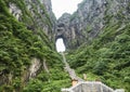 The Tianmen Mountain with a view of the cave Known as The Heaven`s Gate and the steep 999 stairs at Zhangjiagie, Hunan Province, Royalty Free Stock Photo