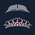 Tiara crowns set. Wedding diadem with diamonds and gems.