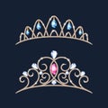 Tiara crowns set. Wedding diadem with diamonds and gems.