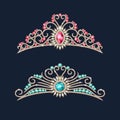 Tiara crowns set. Wedding diadem with diamonds and gems.