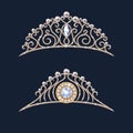 Tiara crowns set. Wedding diadem with diamonds and pearls.