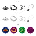 Tiara, gold chain, earrings, pendant with a stone. Jewelery and accessories set collection icons in black, flat