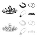 Tiara, gold chain, earrings, pendant with a stone. Jewelery and accessories set collection icons in black,outline style