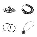 Tiara, gold chain, earrings, pendant with a stone. Jewelery and accessories set collection icons in black style vector