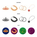 Tiara, gold chain, earrings, pendant with a stone. Jewelery and accessories set collection icons in cartoon,black,flat