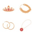 Tiara, gold chain, earrings, pendant with a stone. Jewelery and accessories set collection icons in cartoon style vector