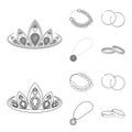 Tiara, gold chain, earrings, pendant with a stone. Jewelery and accessories set collection icons in outline,monochrome