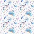 Tiaras, sticks and crystals hand drawn seamless pattern.