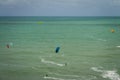 Tibau do Sul, Brazil. December 17, 2019. Athletes perform extreme sports at sea. Huge kite surfing sails on the shores of Tibau do