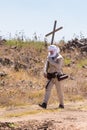 Reconstruction of Horns of Hattin battle in 1187. Pilgrim from the army of the Crusaders carries a cross to the battlefield.