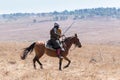 Reconstruction of Horns of Hattin battle in 1187. The rider of the Crusader troops is riding on the battlefield.