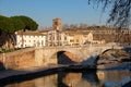 Tiberina Island (Isola Tiberina) on the river Tiber in Rome, Italy at sunset