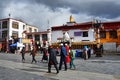 Tibet, Lhasa, China, June, 02, 2018. People walking near Nangze Shak Display Hall house of a noble family with 600 years of histo