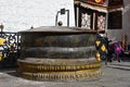 Tibet, Lhasa, China, June, 02, 2018. Large bronze bowl at the walls of the ancient Buddhist monastery jokhang inn Lhasa