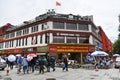 Tibet, Lhasa, China, June, 03, 2018. People in front of the fast food restaurant Burger king in the historic center of Lhasa in th